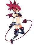  1girl arm_strap bangs bare_shoulders bat_wings belt black_gloves black_legwear blush boots bracelet choker demon_girl demon_tail disgaea disgaea_d2 earrings ears etna flat_chest full_body gloves hair_between_eyes hands harada_takehito high_heel_boots high_heels hips holding jewelry leather leg_up legs long_image looking_at_viewer midriff navel nippon_ichi official_art open_mouth pointy_ears red_eyes red_hair red_legwear red_wings short_hair short_shorts short_twintails shorts simple_background skinny skull solo tail tall_image thigh_boots thighhighs thighs tubetop twintails white_background wings 