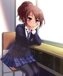  black_legwear blazer blush brown_hair chair hair_ornament hairclip hanao_(kuma-tan_flash!) hand_on_own_cheek jacket long_hair looking_at_viewer mebae_(game) necktie pantyhose pink_eyes plaid plaid_skirt ponytail sakura_anna school_uniform sitting skirt solo sunlight window 