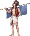  1boy abs alternate_costume barefoot brown_eyes brown_hair chest fire_emblem fire_emblem_heroes fire_emblem_if full_body highres long_hair male_focus navel nintendo official_art open_clothes open_shirt p-nekor pectorals polearm ponytail ryouma_(fire_emblem_if) solo stomach transparent_background weapon 