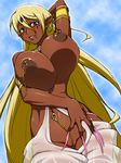  arms_up blonde_hair blue_eyes breasts chain dark_skin fingernails highres huge_breasts kurojiya linked_piercing long_hair looking_at_viewer looking_down magi_the_labyrinth_of_magic nipple_piercing nipples paimon piercing pointy_ears pussy smile solo third_eye very_long_fingernails very_long_hair 