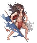  1boy abs barefoot brown_eyes brown_hair fire_emblem fire_emblem_heroes fire_emblem_if full_body fundoshi highres injury japanese_clothes long_hair male_focus navel nintendo official_art p-nekor polearm ryouma_(fire_emblem_if) shirtless solo teeth torn_clothes transparent_background weapon 