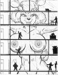  against_window anthro big_breasts blonde_hair breasts cervine deer english_text eyelashes female fluffy_tail fur greyscale group hair half-closed_eyes macro mammal monochrome nipples numbers office open_mouth oscar_marcus size_difference smile text white_fur 