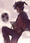  ball cape hands_in_pockets inazuma_eleven_(series) inazuma_eleven_go male_focus profile soccer_ball solo telstar tousaki_umiko tsurugi_kyousuke 