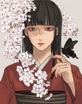  1girl bangs black_butterfly blunt_bangs branch brown_eyes brown_hair brown_sash bug butterfly butterfly_on_hand cherry_blossoms closed_mouth commentary expressionless fingernails flower hand_up highres japanese_clothes kagoya1219 kimono long_hair looking_at_viewer obi original red_kimono sash simple_background solo upper_body white_background white_flower 