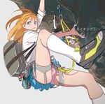  bag black_hair blonde_hair blue_eyes blush carabiner climbing harness kneehighs looking_back mebae multiple_girls orange_hair original panties pink_panties rope school_bag school_uniform shoes skirt sleeves_folded_up sneakers underwear white_legwear 