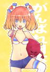  :d anger_vein bikini blue_eyes hirano_katsuyuki holding japanese_flag leg_up navel open_mouth orange_hair original shiny shiny_skin short_shorts shorts smile solo striped striped_bikini swimsuit thighhighs translated twintails v-shaped_eyebrows yellow_background 