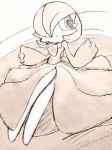  1girl bangs bed_sheet blush creatures_(company) female from_above game_freak gardevoir gen_3_pokemon hair_over_one_eye hands_up highres komhey looking_to_the_side lying monochrome nintendo no_humans on_back open_mouth pokemon pokemon_(creature) short_hair sketch solo 