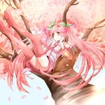  bad_id bad_pixiv_id boots cherry cherry_blossoms detached_sleeves food fruit hatsune_miku long_hair necktie niwa_(ejizon) petals pink_eyes pink_footwear pink_hair sakura_miku skirt smile solo thigh_boots thighhighs tree twintails very_long_hair vocaloid 