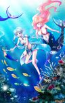  ankle_lace-up bikini blue_eyes blue_sarong coral cross-laced_footwear end_breaker! fish freediving green_hair jellyfish long_hair mermaid monster_girl multiple_girls non-web_source ocean pink_hair print_sarong sandals sarong swimming swimsuit underwater water white_hair 