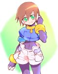  1girl aile bangs blush bodystocking bracelet brown_hair capcom cowboy_shot green_eyes hair_between_eyes hair_tucking head_tilt jewelry kon_(kin219) light_smile looking_at_viewer pocket robot_ears rockman rockman_zx short_hair shorts simple_background smile solo white_shorts 