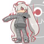  ahoge aura boots closed_mouth commentary_request dusclops fukurou_(owl222) gen_3_pokemon grey_footwear grey_hair grey_jacket grey_pants hair_over_one_eye jacket long_hair long_sleeves looking_at_viewer one_eye_covered pants personification pokemon red_eyes solo twintails very_long_hair 