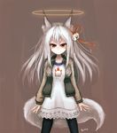  animal_ears artist_name bangs batta_(kanzume_quality) bell black_legwear casual collarbone cowboy_shot dress fox_ears fox_tail hair_between_eyes hair_ribbon halo jacket long_hair original pantyhose red_eyes red_ribbon ribbon silver_hair simple_background smile solo standing sukajan tail white_dress 