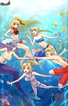  6+girls bandeau bare_legs barefoot bikini blonde_hair blue_eyes blue_sarong blush braid bubble coral end_breaker! fish freediving hair_ornament long_hair male_swimwear mermaid monster_girl multiple_girls navel non-web_source ocean ponytail print_sarong purple_eyes purple_hair red_eyes red_hair sarong shirt short_hair swim_trunks swimming swimsuit swimwear taut_clothes taut_shirt underwater water 