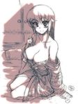  bad_id bad_pixiv_id bare_shoulders bed breasts cleavage copyright_request kusanagi_tonbo large_breasts long_hair monochrome off_shoulder smile solo tapping 