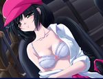  1girl black_hair blue_eyes blush bra breasts cap car cleavage daikokuya_kyouko downhill_night emily_(artist) emily_(pure_dream) game_cg hat motor_vehicle top_(company) underwear vehicle 