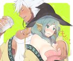  1girl aqua_eyes aqua_hair bad_id bad_pixiv_id bare_shoulders blush breast_grab breasts closed_eyes dark_skin earrings embarrassed glass grabbing hat jewelry large_breasts long_hair magi_the_labyrinth_of_magic mota_(extpil) sharrkan shell shell_bikini white_hair witch_hat yamuraiha 