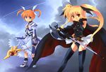  arm_belt arm_guards axe bardiche belt blonde_hair blue_eyes cape fate_testarossa fingerless_gloves gloves kouno_hikaru left-handed long_skirt lyrical_nanoha magical_girl mahou_shoujo_lyrical_nanoha mahou_shoujo_lyrical_nanoha_the_movie_1st multiple_girls raising_heart shoes skirt takamachi_nanoha thighhighs twintails weapon 