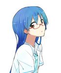  :o bespectacled blue_hair brown_eyes glasses idolmaster idolmaster_(classic) kisaragi_chihaya long_hair looking_at_viewer necktie plaid plaid_neckwear red-framed_eyewear rough_time_school school_uniform sketch solo sou_(tuhut) upper_body white_background 