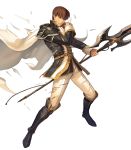  1boy aoji_(aoji-web) armored_boots belt boots brown_eyes brown_hair cape cuan_(fire_emblem) fire_emblem fire_emblem:_seisen_no_keifu fire_emblem_heroes full_body highres injury male_focus nintendo official_art polearm solo spear teeth torn_clothes transparent_background weapon 