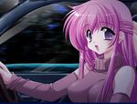  1girl breasts car detached_sleeves downhill_night driving emily_(artist) emily_(pure_dream) hair_ribbon konosaki_michi large_breasts long_hair motor_vehicle pink_hair purple_eyes ribbon top_(company) vehicle 