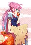  apple biting blue_eyes cosplay dress food fruit hair_bobbles hair_ornament hairclip little_busters! long_hair oversized_object purple_hair saigusa_haruka side_ponytail snow_white snow_white_(cosplay) snow_white_and_the_seven_dwarfs solo takumi_(scya) 