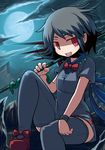  asymmetrical_wings black_hair bow bowtie bracelet cloud full_moon hakika houjuu_nue jewelry moon night open_mouth polearm red_eyes rock shaded_face short_hair skirt snake solo teeth thighhighs touhou trident weapon wings 