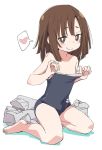  1girl bare_shoulders barefoot blush brown_eyes brown_hair collarbone eyebrows_visible_through_hair eyes_closed heart ixy kitanaga legs looking_at_viewer monogatari_(series) one-piece_swimsuit sengoku_nadeko short_hair simple_background sitting smile solo spoken_heart swimsuit thighs ueno-san_wa_bukiyou wariza white_background 