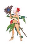  anklet barefoot bracelet breasts dark_skin end_breaker! flower full_body green_eyes hair_flower hair_ornament jewelry large_breasts leaf leaf_bikini necklace non-web_source ryoji_(nomura_ryouji) solo staff white_hair 