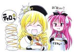  apron blonde_hair blush bow curry drill_hair eating food gloves hair_bow hat magical_girl mahou_shoujo_madoka_magica multiple_girls norio_(459factory) open_mouth red_eyes red_hair sakura_kyouko spoon tomoe_mami traditional_media translated twin_drills twintails 