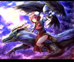  bandages bird blue_eyes boots claws double_bun dragon dragon_horns eagle eastern_dragon facial_mark facial_tattoo fangs flower flying glowing glowing_eyes horns ibaraki_kasen letterboxed looking_at_viewer pink_eyes pink_flower pink_hair pink_rose red_eyes riding rose ryuuichi_(f_dragon) shirt short_hair skirt smile solo tabard tattoo touhou 