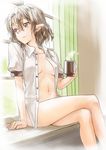  abo_(hechouchou) arm_support bare_legs black_hair bottomless breasts brown_hair cleavage coffee collarbone crossed_legs cup curtains day indoors looking_away looking_out_window medium_breasts messy_hair mug naked_shirt navel no_bra no_hat no_headwear open_clothes open_shirt pointy_ears shameimaru_aya shirt short_hair sitting solo steam touhou window 