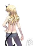  animal_ears ass back black_legwear blonde_hair blush chibi chibi_inset eila_ilmatar_juutilainen from_above from_behind glasses hand_on_hip long_hair panties panties_under_pantyhose pantyhose perrine_h_clostermann satou_atsuki simple_background sketch strike_witches tail topless underwear white_background white_panties world_witches_series 