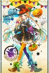  ajio bad_id bad_pixiv_id balloon blonde_hair blue_eyes bow braid brooch candy copyright_name earrings food ghost green_bow hair_ribbon halloween halloween_basket happy_halloween hat hat_bow jack-o'-lantern jewelry lollipop long_hair looking_at_viewer orange_bow original pantyhose pixiv_witch_craft_school polka_dot polka_dot_bow purple_bow ribbon skirt smile solo star striped striped_bow striped_legwear twin_braids vertical-striped_legwear vertical_stripes witch_hat 