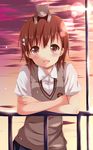  :d again8120 animal animal_on_head bad_id bad_pixiv_id blush brown_eyes brown_hair cat cat_on_head crossed_arms highres lens_flare misaka_mikoto on_head open_mouth school_uniform short_hair skirt smile solo sunlight sweater_vest to_aru_kagaku_no_railgun to_aru_majutsu_no_index 