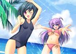  beach bikini black_hair blue_eyes day foreshortening multiple_girls one_eye_closed original purple_hair red_eyes school_swimsuit short_hair splashing swimsuit twintails two_side_up yuntea 