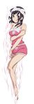  alternate_hairstyle bare_legs barefoot bed_sheet black_eyes black_hair bloomers bow camisole dakimakura full_body hair_bow highres kokoro_connect light_smile looking_at_viewer lying mole mole_under_mouth nagase_iori official_art on_side self_hug sleepwear sleeveless solo underwear 