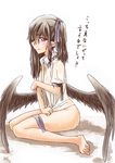  abo_(hechouchou) alternate_hair_length alternate_hairstyle bare_legs barefoot black_wings bottomless brown_hair embarrassed hair_down hair_half_undone hair_ribbon himekaidou_hatate looking_at_viewer low_wings naked_shirt pointy_ears profile red_eyes ribbon shirt sitting solo tears touhou wariza wet wet_clothes wings 