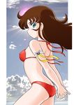  1girl 70s armlet arms_behind_back ass bikini blue_eyes brown_hair butt_crack cloud long_hair looking_at_viewer looking_back maria_grace_fleed ocean oldschool shijoh12 shijou_yukimasa sky solo sunlight swimsuit touei ufo_robo_grendizer 