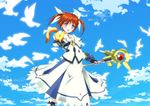  :d bird blush brown_hair cloud day dress ferret fingerless_gloves gloves hajime_kazuhito highres left-handed lyrical_nanoha magical_girl mahou_shoujo_lyrical_nanoha mahou_shoujo_lyrical_nanoha_a's mahou_shoujo_lyrical_nanoha_the_movie_2nd_a's open_mouth puffy_sleeves purple_eyes raising_heart short_twintails sky smile takamachi_nanoha twintails white_dress yuuno_scrya 