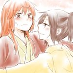  blush bouhatei_tetora buratei_marii fuji_tsugu hair_ornament hairclip joshiraku long_hair multiple_girls orange_hair red_eyes short_hair yuri 