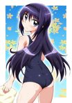  akemi_homura ass black_hair blue_eyes blush from_behind hairband highres long_hair looking_back mahou_shoujo_madoka_magica maru_takeo one-piece_swimsuit purple_eyes purple_hair school_swimsuit solo swimsuit towel wet 