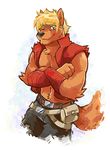  bandage belt biceps black_nose blonde_hair brown_fur canine clothing fur hair jaryl_(character) looking_at_viewer male mammal muscles orange_fur red_eyes scar solo super-tuler wolf 