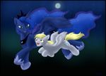  amber_eyes blonde_hair blue_eyes blue_hair cute cutie_mark derp derpy_hooves_(mlp) duo equine eye_contact female feral flying friendship_is_magic hair horn horse mammal moon motch my_little_pony night pegasus pony princess princess_luna_(mlp) royalty size_difference smile stars unicorn winged_unicorn wings 