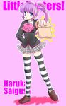  :t bag blue_eyes hair_bobbles hair_ornament highres kurumi_rumi little_busters! long_hair paper_bag pout purple_hair saigusa_haruka school_uniform side_ponytail striped striped_legwear thighhighs 