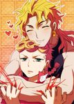  bad_id bad_pixiv_id blonde_hair blue_eyes blush chin_rest dio_brando earrings fang father_and_son giorno_giovanna heart hug hug_from_behind jewelry jojo_no_kimyou_na_bouken multiple_boys routo 