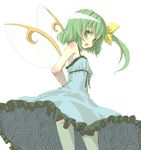  :d alternate_costume arms_behind_back bare_shoulders blush daiyousei dress green_eyes green_hair green_legwear kuronuko_neero long_hair looking_at_viewer open_mouth side_ponytail simple_background smile solo thighhighs touhou white_background wings 