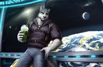  black_nose blue_eyes canine claws clothed clothing dog_tags facial_hair fur grey_fur leaning logan male mammal null-ghost pose smile smoothie solo space sweater wolf 