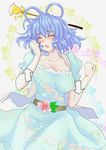  blue_eyes blush bouncing_breasts breasts clenched_hands closed_eyes directional_arrow dress flower girly_running hair_ornament hair_rings hair_stick ishikkoro kaku_seiga large_breasts open_mouth running short_hair solo touhou unaligned_breasts 