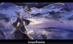  1girl bird cloud dragon eastern_dragon flock highres horn long_hair mask noir_(ibaraki) ocean pixiv_fantasia pixiv_fantasia_sword_regalia short_hair silver_hair sky wings 