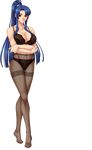  1girl bare_shoulders black_bra black_panties blue_hair bow bow_panties bra breasts brown_legwear cleavage collarbone crossed_arms female hips kagami kagami_hirotaka lace lace-trimmed_bra lace-trimmed_panties large_breasts legs legs_crossed lilith-soft lingerie long_hair looking_at_viewer mound_of_venus no_shoes panties pantyhose ponytail red_eyes shiny shiny_clothes shiny_skin simple_background skirt solo standing taimanin_asagi taimanin_asagi_3 taimanin_murasaki thighs transparent_background underwear yatsu_murasaki 